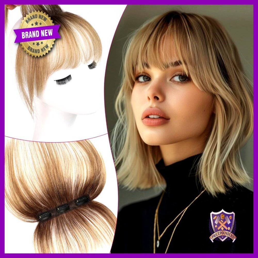 Clip In Human Hair Bangs Wispy Fringe Hairpiece 3 Non-Slip Clips Heat Stylable